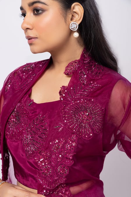 Smriti By Anju Agarwal_Magenta Crepe, Chiffon, Organza Cut Work, Sequins, Garnet Embellished Jacket Set _Online_at_Aza_Fashions
