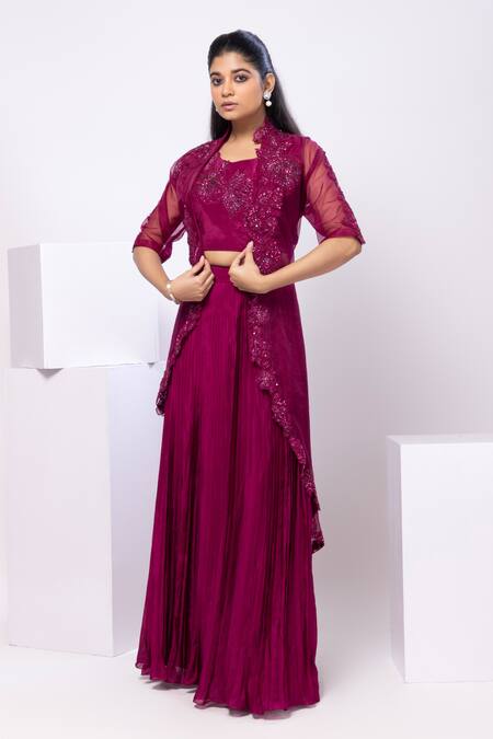 Buy_Smriti By Anju Agarwal_Magenta Crepe, Chiffon, Organza Cut Work, Sequins, Garnet Embellished Jacket Set _Online_at_Aza_Fashions