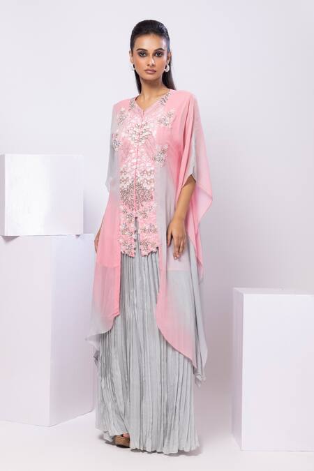 Smriti By Anju Agarwal Pink Georgette, Crepe Sequins, Embroidery V-neck Blush Mist Shaded Kaftan Set Online at Aza Fashions Smriti By Anju Agarwal_Pink Georgette, Crepe Sequins, Embroidery V-neck Blush Mist Shaded Kaftan Set _Online_at_Aza_Fashions