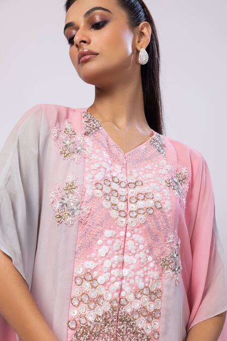 Buy Smriti By Anju Agarwal Pink Georgette, Crepe Sequins, Embroidery V-neck Blush Mist Shaded Kaftan Set Online at Aza Fashions Buy_Smriti By Anju Agarwal_Pink Georgette, Crepe Sequins, Embroidery V-neck Blush Mist Shaded Kaftan Set _Online_at_Aza_Fashions