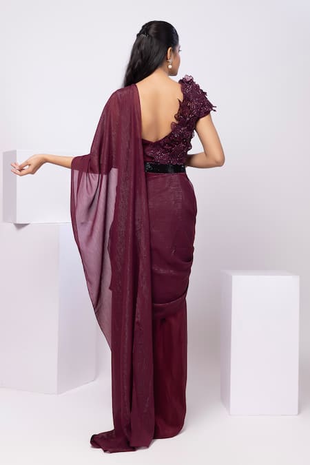 Smriti By Anju Agarwal Wine 3D Floral Blouse & Drape Saree Set 