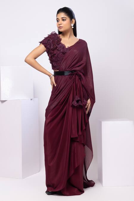 Smriti By Anju Agarwal Maroon Crepe, Silk, Chiffon Embroidery Wine 3d Floral Blouse And Drape Saree Set Online at Aza Fashions Smriti By Anju Agarwal_Maroon Crepe, Silk, Chiffon Embroidery Wine 3d Floral Blouse And Drape Saree Set _Online_at_Aza_Fashions