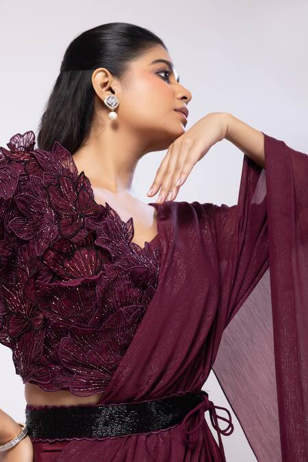 Buy Smriti By Anju Agarwal Maroon Crepe, Silk, Chiffon Embroidery Wine 3d Floral Blouse And Drape Saree Set Online at Aza Fashions Buy_Smriti By Anju Agarwal_Maroon Crepe, Silk, Chiffon Embroidery Wine 3d Floral Blouse And Drape Saree Set _Online_at_Aza_Fashions