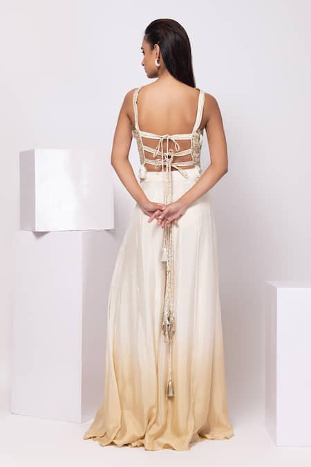 Shop Smriti By Anju Agarwal Ivory Linen Tassels Round Neck Embroidered Golden Mirage Set at Aza Fashions Shop_Smriti By Anju Agarwal_Ivory Linen Tassels Round Neck Embroidered Golden Mirage Set _at_Aza_Fashions