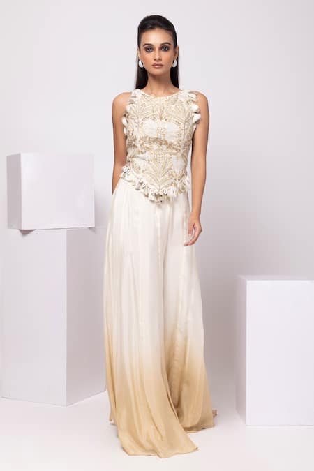 Buy Smriti By Anju Agarwal Ivory Linen Tassels Round Neck Embroidered Golden Mirage Set Online at Aza Fashions Buy_Smriti By Anju Agarwal_Ivory Linen Tassels Round Neck Embroidered Golden Mirage Set _Online_at_Aza_Fashions