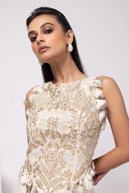 Shop Smriti By Anju Agarwal Ivory Linen Tassels Round Neck Embroidered Golden Mirage Set Online at Aza Fashions Shop_Smriti By Anju Agarwal_Ivory Linen Tassels Round Neck Embroidered Golden Mirage Set _Online_at_Aza_Fashions