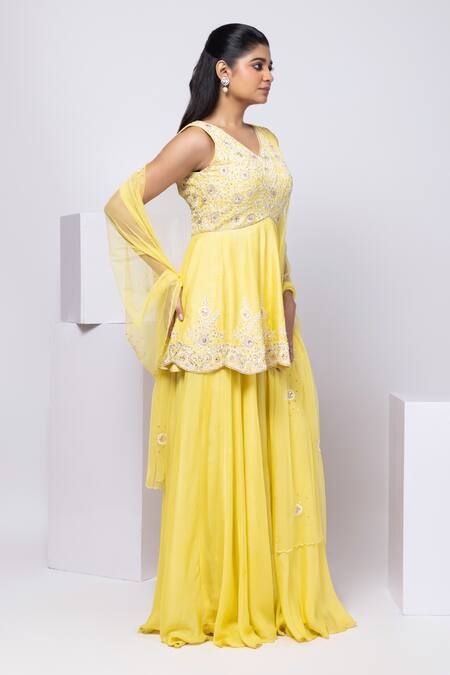 Buy_Smriti By Anju Agarwal_Yellow Silk, Net Embroidery V-neck Peplum Style Kurta Set _Online_at_Aza_Fashions
