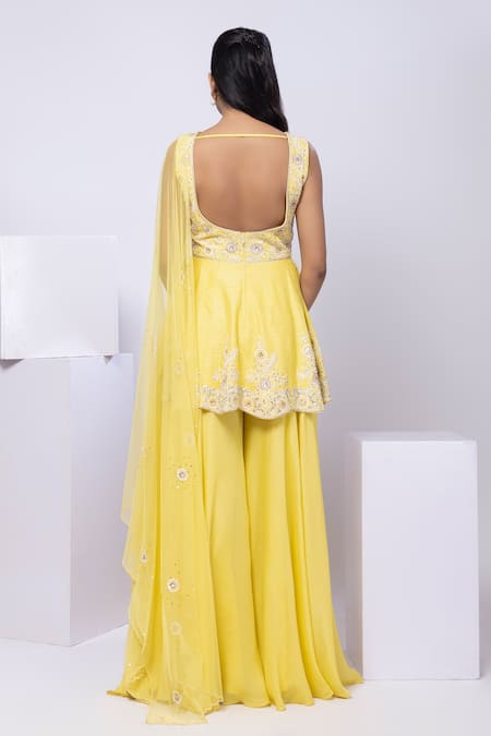 Shop_Smriti By Anju Agarwal_Yellow Silk, Net Embroidery V-neck Peplum Style Kurta Set _at_Aza_Fashions