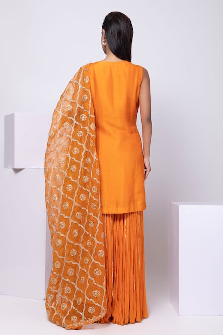 Shop Smriti By Anju Agarwal Orange Silk, Organza Embroidery Round Neck Sharara Set at Aza Fashions Shop_Smriti By Anju Agarwal_Orange Silk, Organza Embroidery Round Neck Sharara Set _at_Aza_Fashions