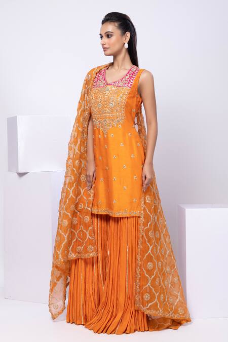 Smriti By Anju Agarwal Orange Silk, Organza Embroidery Round Neck Sharara Set Online at Aza Fashions Smriti By Anju Agarwal_Orange Silk, Organza Embroidery Round Neck Sharara Set _Online_at_Aza_Fashions