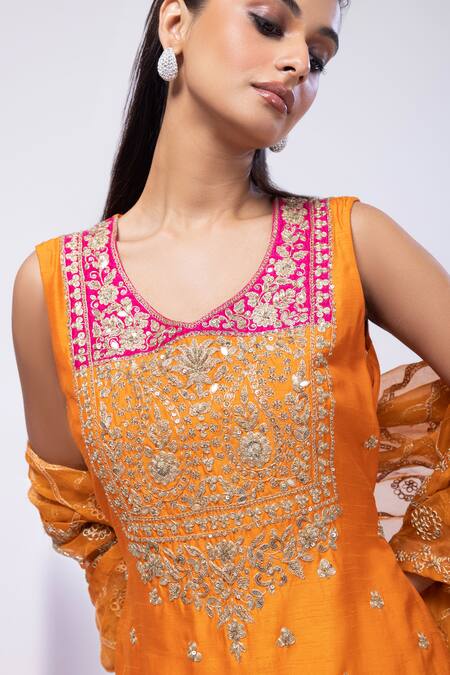 Buy Smriti By Anju Agarwal Orange Silk, Organza Embroidery Round Neck Sharara Set Online at Aza Fashions Buy_Smriti By Anju Agarwal_Orange Silk, Organza Embroidery Round Neck Sharara Set _Online_at_Aza_Fashions