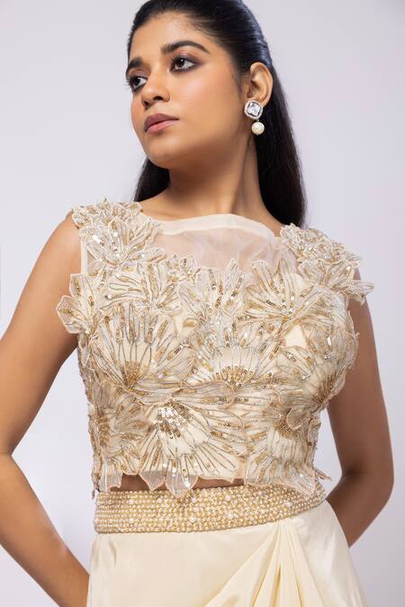 Smriti By Anju Agarwal Gold Organza, Crepe Embroidery, Beads Round Neck Champagne Drape Skirt Set Online at Aza Fashions Smriti By Anju Agarwal_Gold Organza, Crepe Embroidery, Beads Round Neck Champagne Drape Skirt Set _Online_at_Aza_Fashions