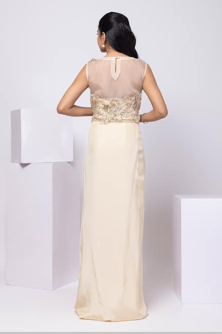 Shop Smriti By Anju Agarwal Gold Organza, Crepe Embroidery, Beads Round Neck Champagne Drape Skirt Set at Aza Fashions Shop_Smriti By Anju Agarwal_Gold Organza, Crepe Embroidery, Beads Round Neck Champagne Drape Skirt Set _at_Aza_Fashions