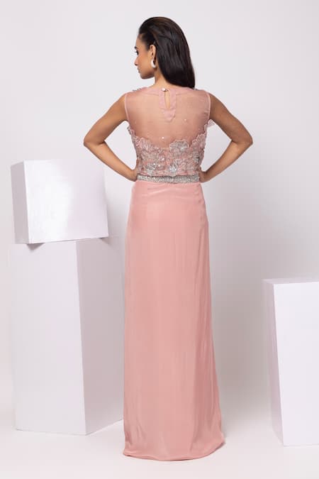 Shop Smriti By Anju Agarwal Pink Organza, Crepe Fabric Flowers, Embroidery Round Rose Gold Drape Skirt Set at Aza Fashions Shop_Smriti By Anju Agarwal_Pink Organza, Crepe Fabric Flowers, Embroidery Round Rose Gold Drape Skirt Set _at_Aza_Fashions