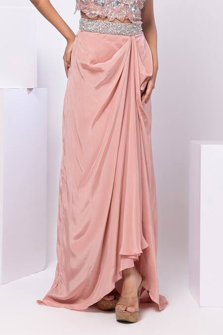 Smriti By Anju Agarwal Pink Organza, Crepe Fabric Flowers, Embroidery Round Rose Gold Drape Skirt Set Online at Aza Fashions Smriti By Anju Agarwal_Pink Organza, Crepe Fabric Flowers, Embroidery Round Rose Gold Drape Skirt Set _Online_at_Aza_Fashions