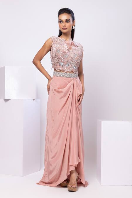 Buy Smriti By Anju Agarwal Pink Organza, Crepe Fabric Flowers, Embroidery Round Rose Gold Drape Skirt Set Online at Aza Fashions Buy_Smriti By Anju Agarwal_Pink Organza, Crepe Fabric Flowers, Embroidery Round Rose Gold Drape Skirt Set _Online_at_Aza_Fashions