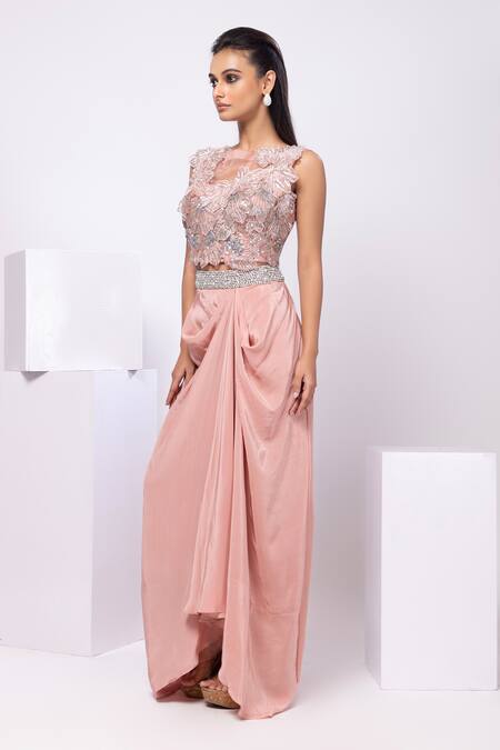 Shop Smriti By Anju Agarwal Pink Organza, Crepe Fabric Flowers, Embroidery Round Rose Gold Drape Skirt Set Online at Aza Fashions Shop_Smriti By Anju Agarwal_Pink Organza, Crepe Fabric Flowers, Embroidery Round Rose Gold Drape Skirt Set _Online_at_Aza_Fashions