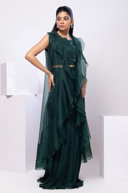 Smriti By Anju Agarwal_Green Crepe, Organza, Chiffon Embroidery Round Emerald Grace Jacket And Skirt Set _Online_at_Aza_Fashions