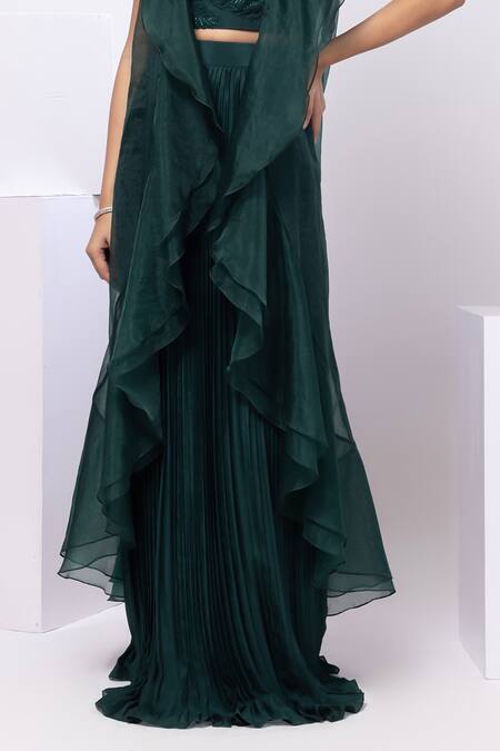 Buy_Smriti By Anju Agarwal_Green Crepe, Organza, Chiffon Embroidery Round Emerald Grace Jacket And Skirt Set _Online_at_Aza_Fashions