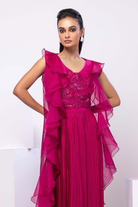Smriti By Anju Agarwal Fuchsia Organza, Crepe Embroidery V-neck Pink Grace Ruffled Jacket Set Online at Aza Fashions Smriti By Anju Agarwal_Fuchsia Organza, Crepe Embroidery V-neck Pink Grace Ruffled Jacket Set _Online_at_Aza_Fashions