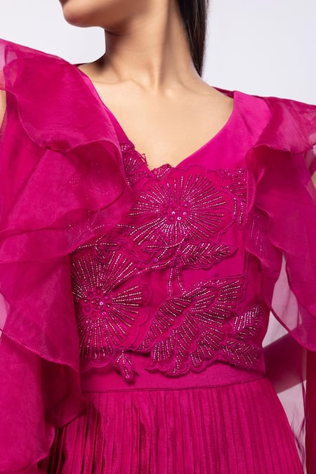 Buy Smriti By Anju Agarwal Fuchsia Organza, Crepe Embroidery V-neck Pink Grace Ruffled Jacket Set Online at Aza Fashions Buy_Smriti By Anju Agarwal_Fuchsia Organza, Crepe Embroidery V-neck Pink Grace Ruffled Jacket Set _Online_at_Aza_Fashions