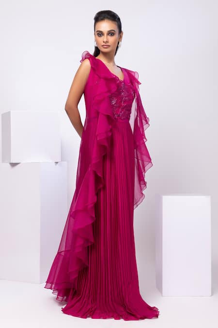 Shop Smriti By Anju Agarwal Fuchsia Organza, Crepe Embroidery V-neck Pink Grace Ruffled Jacket Set Online at Aza Fashions Shop_Smriti By Anju Agarwal_Fuchsia Organza, Crepe Embroidery V-neck Pink Grace Ruffled Jacket Set _Online_at_Aza_Fashions