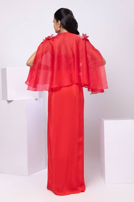 Shop Smriti By Anju Agarwal Red Crepe Applique Sweetheart Neck Cape And Drape Skirt Set at Aza Fashions Shop_Smriti By Anju Agarwal_Red Crepe Applique Sweetheart Neck Cape And Drape Skirt Set _at_Aza_Fashions