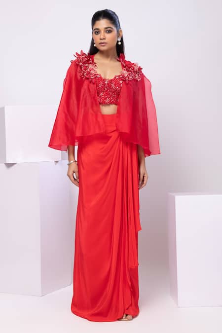 Buy Smriti By Anju Agarwal Red Crepe Applique Sweetheart Neck Cape And Drape Skirt Set Online at Aza Fashions Buy_Smriti By Anju Agarwal_Red Crepe Applique Sweetheart Neck Cape And Drape Skirt Set _Online_at_Aza_Fashions