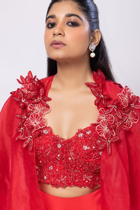 Shop Smriti By Anju Agarwal Red Crepe Applique Sweetheart Neck Cape And Drape Skirt Set Online at Aza Fashions Shop_Smriti By Anju Agarwal_Red Crepe Applique Sweetheart Neck Cape And Drape Skirt Set _Online_at_Aza_Fashions