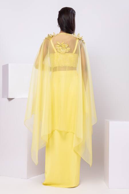 Smriti By Anju Agarwal Yellow Applique Bustier Top & Drape Skirt Set 
