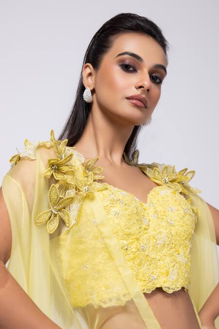 Shop Smriti By Anju Agarwal Yellow Crepe Applique Sweetheart Neck Bustier Top And Drape Skirt Set Online at Aza Fashions Shop_Smriti By Anju Agarwal_Yellow Crepe Applique Sweetheart Neck Bustier Top And Drape Skirt Set _Online_at_Aza_Fashions