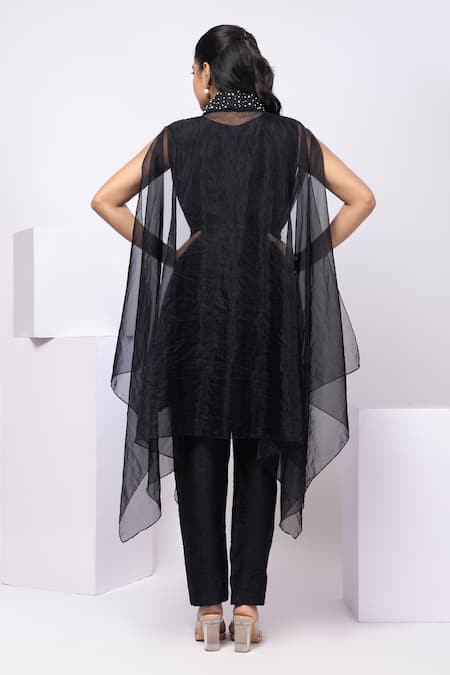 Shop Smriti By Anju Agarwal Black Silk, Organza Beads Round Neck Floral Applique Cape Kurta Set at Aza Fashions Shop_Smriti By Anju Agarwal_Black Silk, Organza Beads Round Neck Floral Applique Cape Kurta Set _at_Aza_Fashions