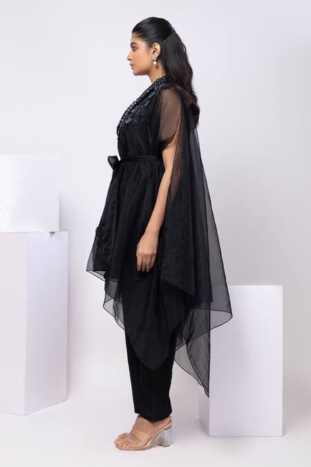 Smriti By Anju Agarwal Black Silk, Organza Beads Round Neck Floral Applique Cape Kurta Set Online at Aza Fashions Smriti By Anju Agarwal_Black Silk, Organza Beads Round Neck Floral Applique Cape Kurta Set _Online_at_Aza_Fashions