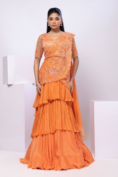 Smriti By Anju Agarwal_Orange Net, Organza Embroidery, Sequins V-neck Crystal Lehenga Set _Online_at_Aza_Fashions
