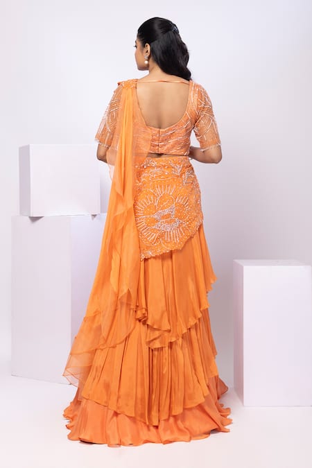 Smriti By Anju Agarwal Crystal Orange Lehenga Set 