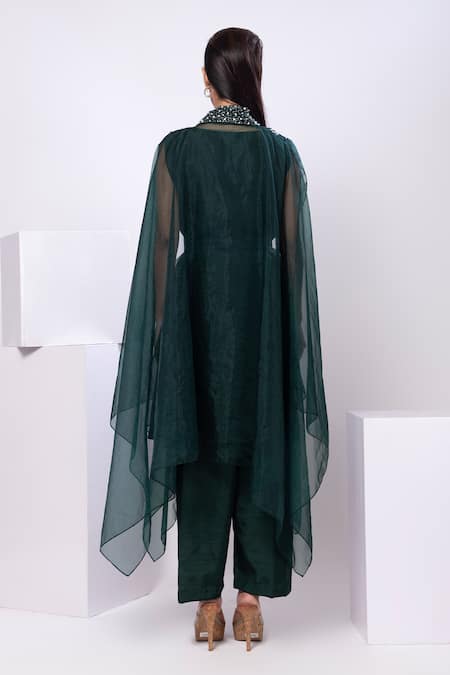 Shop_Smriti By Anju Agarwal_Green Silk, Organza Beads, Cut Work V-neck Floral Applique Cape Kurta Set _at_Aza_Fashions