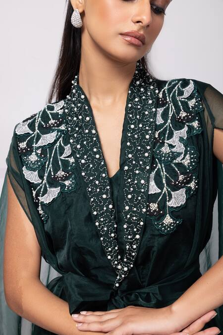 Buy_Smriti By Anju Agarwal_Green Silk, Organza Beads, Cut Work V-neck Floral Applique Cape Kurta Set _Online_at_Aza_Fashions