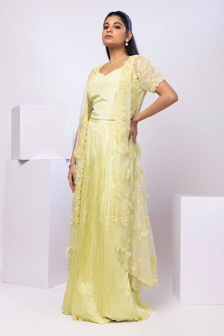 Smriti By Anju Agarwal Yellow Crepe, Organza Pearls, Lime Wildflower Jacket And Drape Skirt Set Online at Aza Fashions Smriti By Anju Agarwal_Yellow Crepe, Organza Pearls, Lime Wildflower Jacket And Drape Skirt Set _Online_at_Aza_Fashions