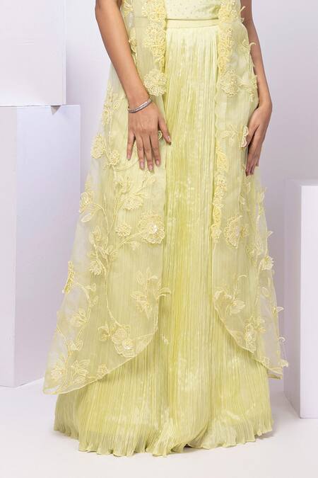 Buy Smriti By Anju Agarwal Yellow Crepe, Organza Pearls, Lime Wildflower Jacket And Drape Skirt Set Online at Aza Fashions Buy_Smriti By Anju Agarwal_Yellow Crepe, Organza Pearls, Lime Wildflower Jacket And Drape Skirt Set _Online_at_Aza_Fashions