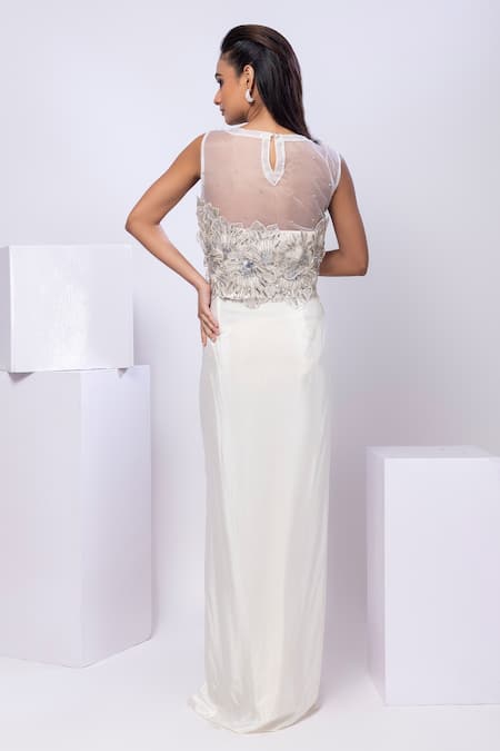 Shop Smriti By Anju Agarwal Ivory Organza, Crepe Embroidery, Fabric Flowers, Sequins Arleth Drape Skirt Set at Aza Fashions Shop_Smriti By Anju Agarwal_Ivory Organza, Crepe Embroidery, Fabric Flowers, Sequins Arleth Drape Skirt Set _at_Aza_Fashions