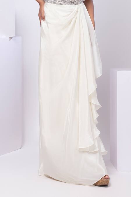 Smriti By Anju Agarwal Ivory Organza, Crepe Embroidery, Fabric Flowers, Sequins Arleth Drape Skirt Set Online at Aza Fashions Smriti By Anju Agarwal_Ivory Organza, Crepe Embroidery, Fabric Flowers, Sequins Arleth Drape Skirt Set _Online_at_Aza_Fashions