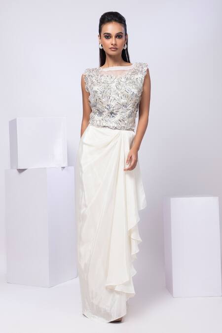 Buy Smriti By Anju Agarwal Ivory Organza, Crepe Embroidery, Fabric Flowers, Sequins Arleth Drape Skirt Set Online at Aza Fashions Buy_Smriti By Anju Agarwal_Ivory Organza, Crepe Embroidery, Fabric Flowers, Sequins Arleth Drape Skirt Set _Online_at_Aza_Fashions