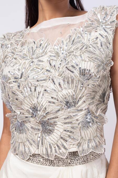 Shop Smriti By Anju Agarwal Ivory Organza, Crepe Embroidery, Fabric Flowers, Sequins Arleth Drape Skirt Set Online at Aza Fashions Shop_Smriti By Anju Agarwal_Ivory Organza, Crepe Embroidery, Fabric Flowers, Sequins Arleth Drape Skirt Set _Online_at_Aza_Fashions