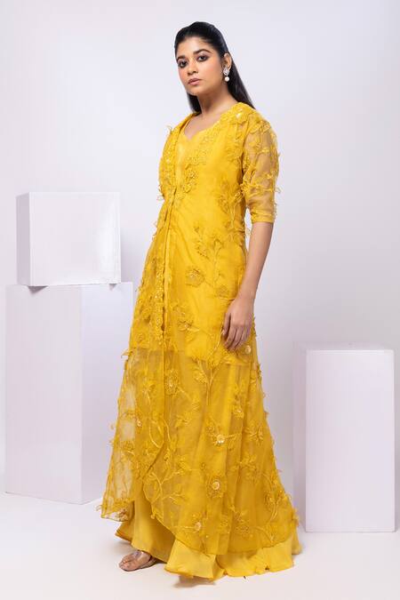 Smriti By Anju Agarwal_Yellow Crepe, Organza Pearls, Embroidery Wildflower Jacket And Drape Skirt Set _Online_at_Aza_Fashions