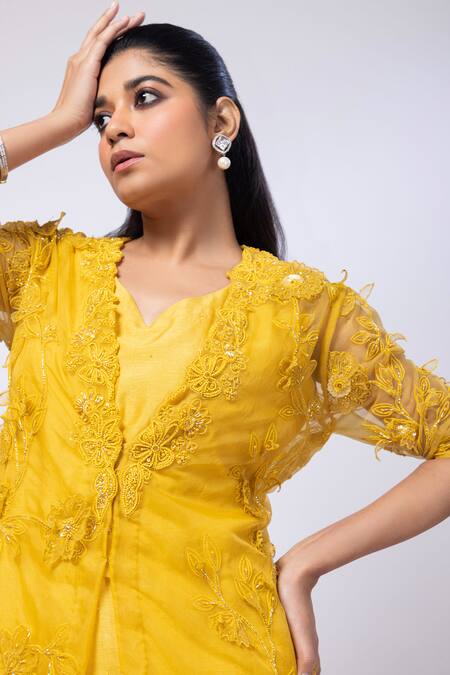 Buy_Smriti By Anju Agarwal_Yellow Crepe, Organza Pearls, Embroidery Wildflower Jacket And Drape Skirt Set _Online_at_Aza_Fashions