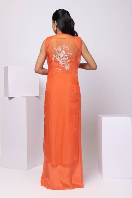 Shop_Smriti By Anju Agarwal_Orange Organza, Crepe Embroidery, Sequins Square Neck, Open Jacket And Pant Set _at_Aza_Fashions