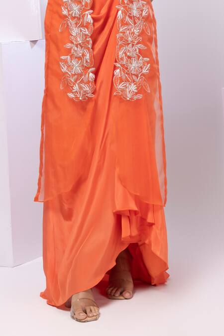 Smriti By Anju Agarwal_Orange Organza, Crepe Embroidery, Sequins Square Neck, Open Jacket And Pant Set _Online_at_Aza_Fashions