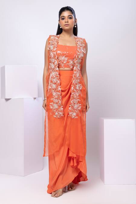 Buy_Smriti By Anju Agarwal_Orange Organza, Crepe Embroidery, Sequins Square Neck, Open Jacket And Pant Set _Online_at_Aza_Fashions