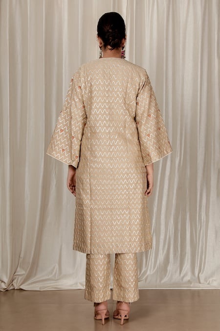 Aharin India Beige Gota Embroidered Straight Kurta Set 