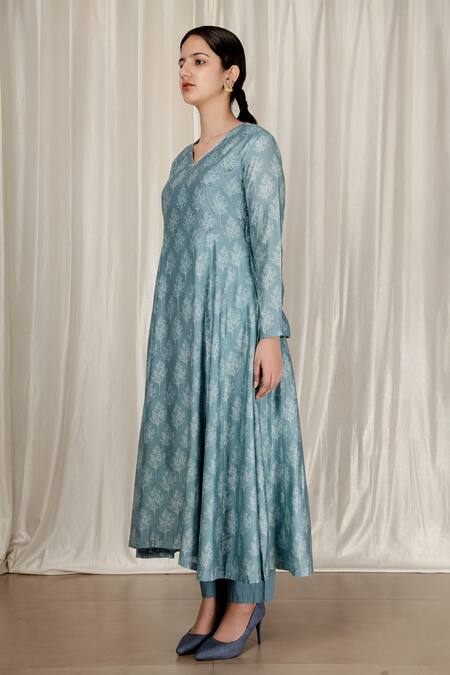 Buy Aharin India Blue Chanderi Embroidery V-neck Flared Kurta Set Online at Aza Fashions Buy_Aharin India_Blue Chanderi Embroidery V-neck Flared Kurta Set _Online_at_Aza_Fashions